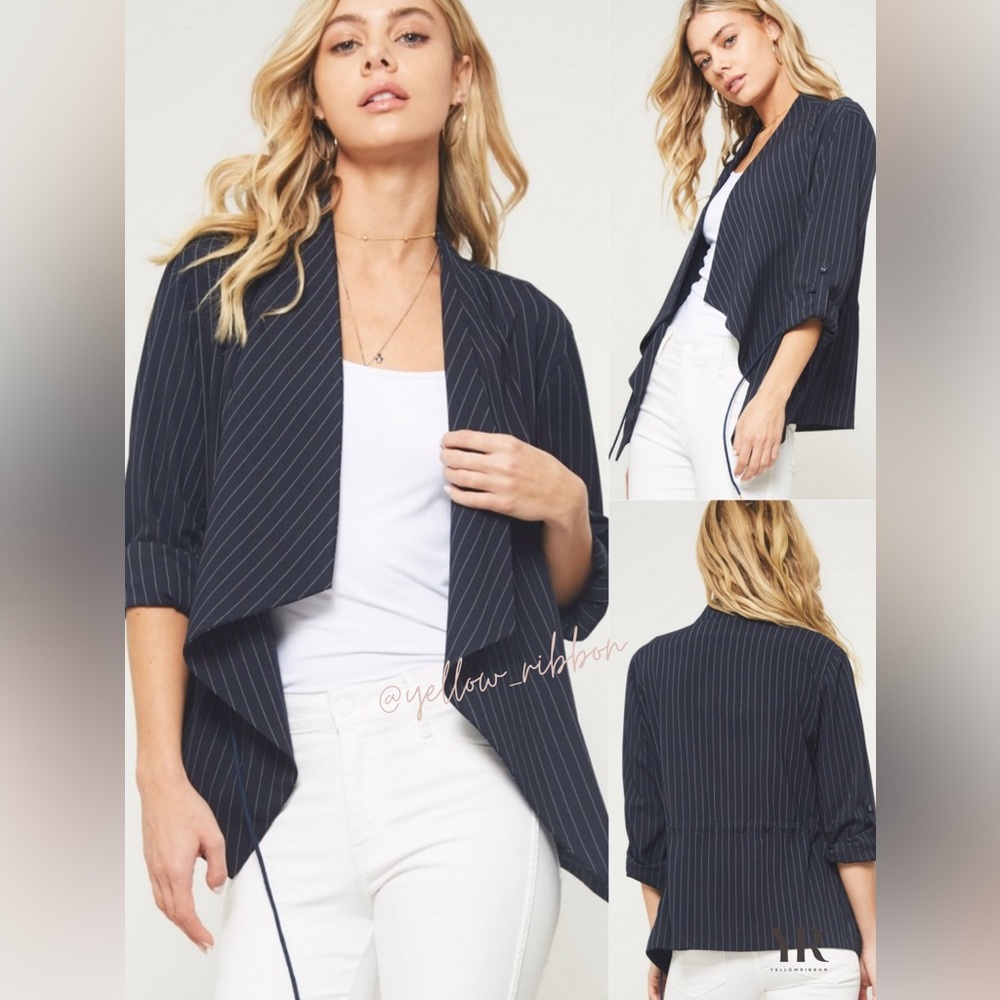 🆕 Pinstripe Draped Drawstring Blazer | Navy